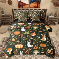 Homewish Kawaii Rabbit Fox 7pcs Bedding Comforter Set,Wild Animal Queen Bedding Sets,Rustic Farmhouse Cabin Queen Sheet Sets For Girls Kids,Microfiber Bedroom Decor Reversible