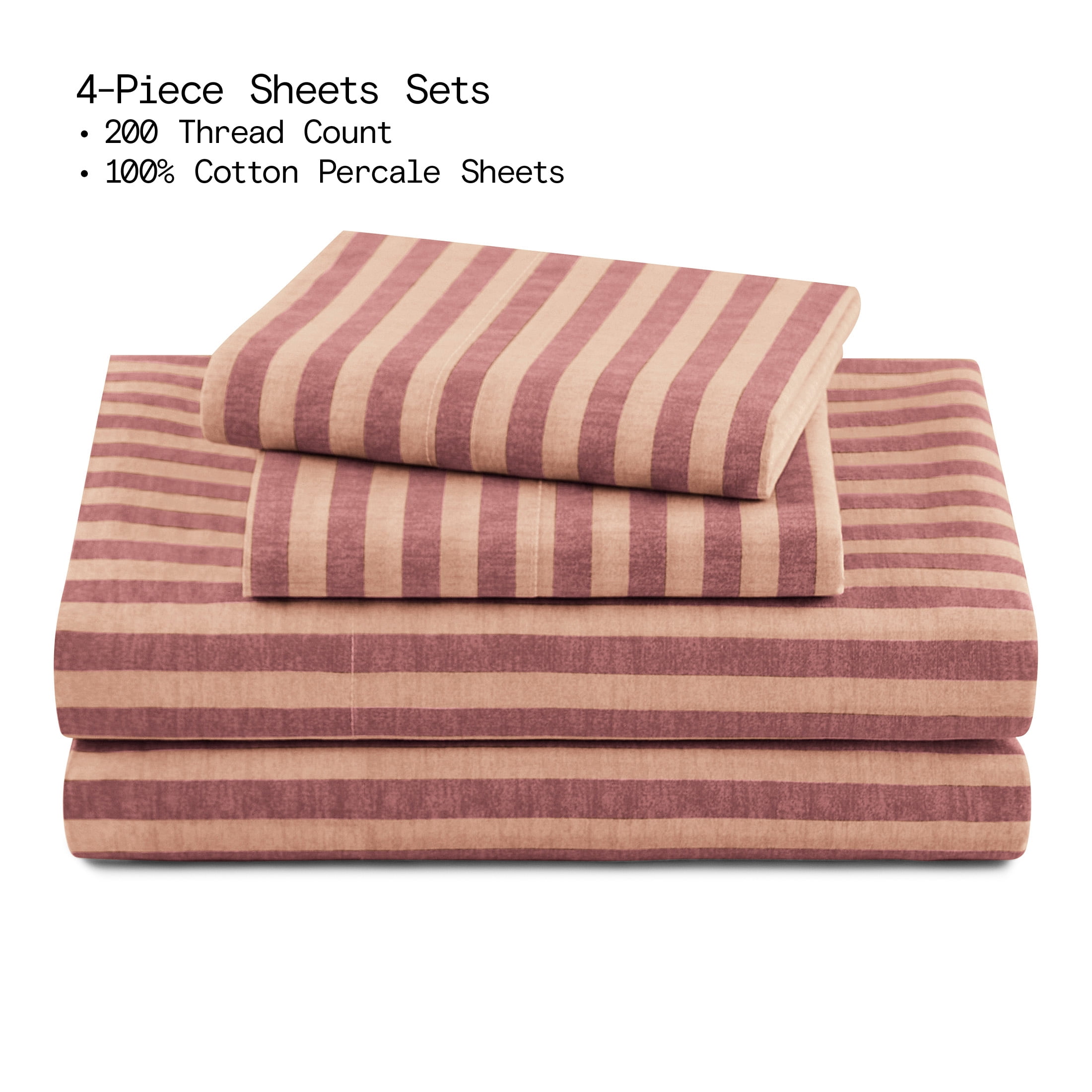 Beautiful Striped 4-Piece 100% Cotton Percale Rosé Pink Sheet Set, King by Drew Barrymore