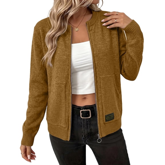 WULMLEO Women Zip Up Knit Cardigan, Long Sleeve Stand Collar Sweater Jacket with Pockets Soft Lightweight Loose Fit Casual Outerwear Brown M