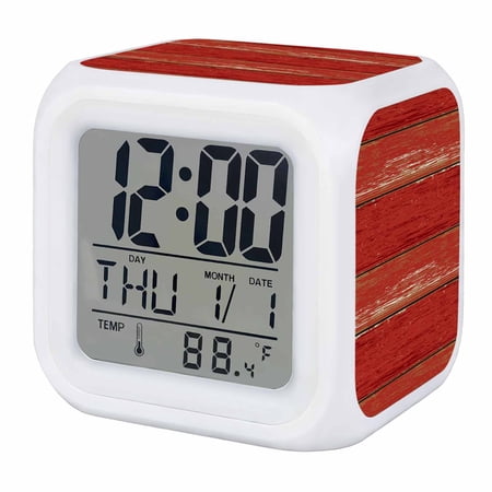 Red Wood Grain Digital Alarm Clock for Bedrooms,Smart LED Alarm Clock with 7 Color Changing Night Light,Farmhouse Vintage Wooden Rustic Planks Silent Wake Up Clocks for Sleep Study Cooking 3.2x3.2