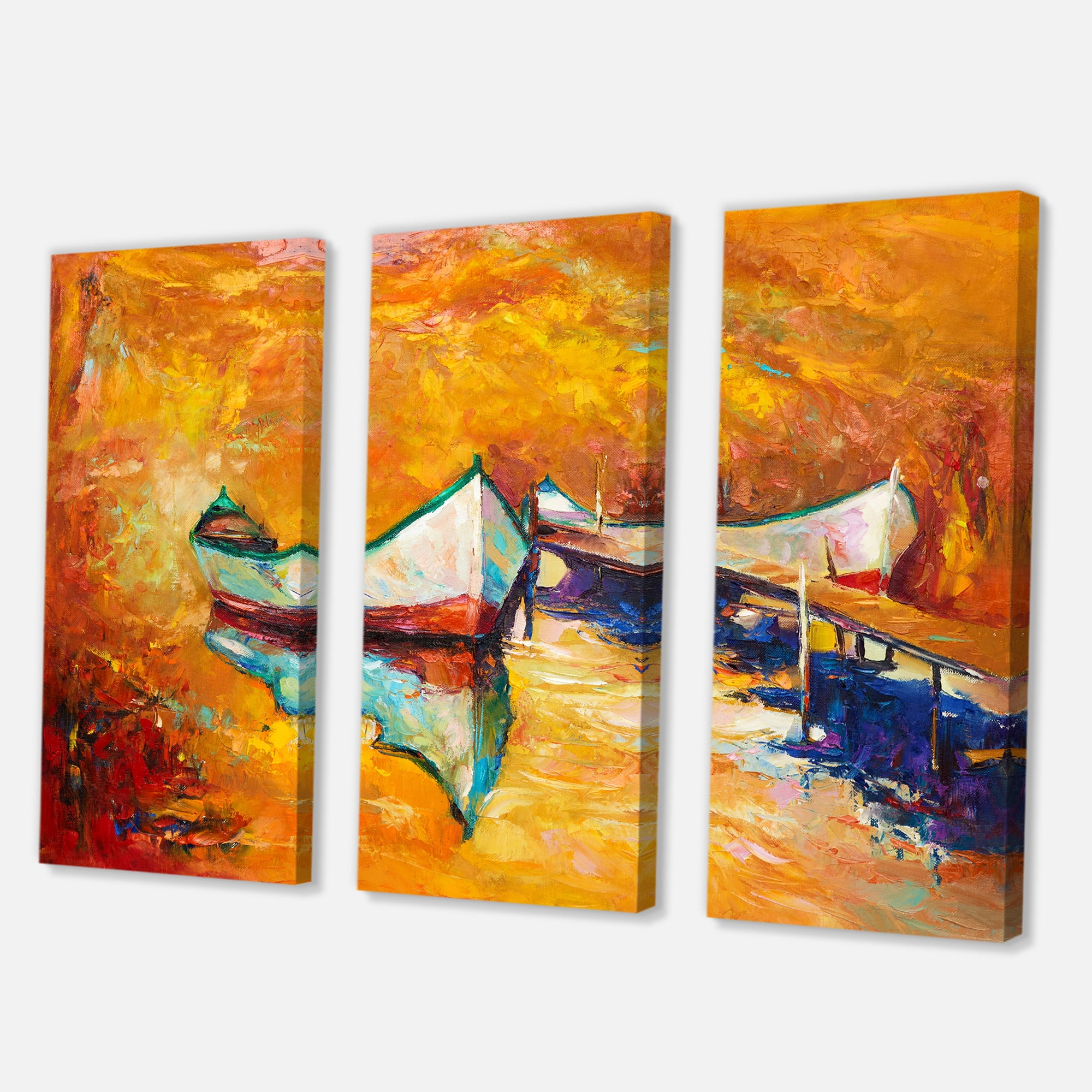 Designart ' Little Boat During Warm and Orange Evening ' Nautical & Coastal Canvas Wall Art Print