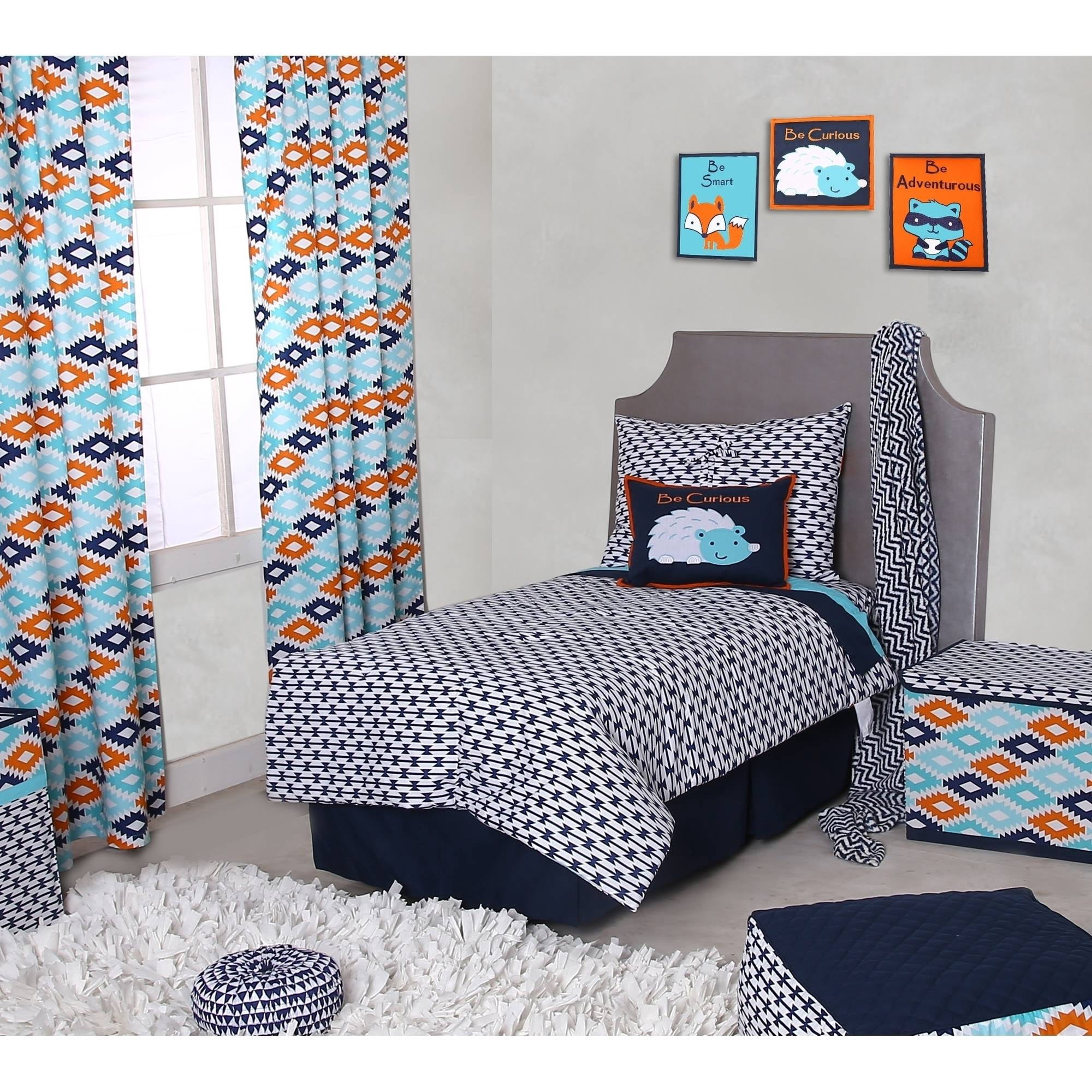 Bacati - Liam Aztec 3-Piece 100% Cotton Percale Toddler Sheet Set, Aqua/Orange/Navy