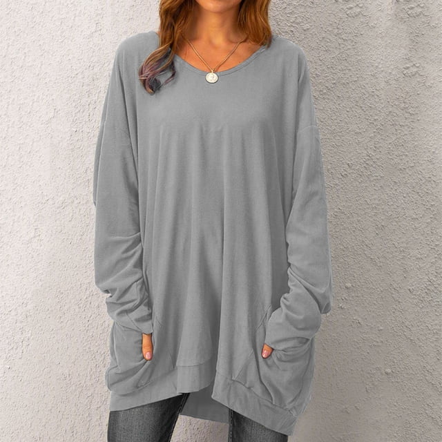 CEHVOM Mode d'Été pour Femmes Manches Longues Col Rond Poche Solide Hauts Décontractés Blouse