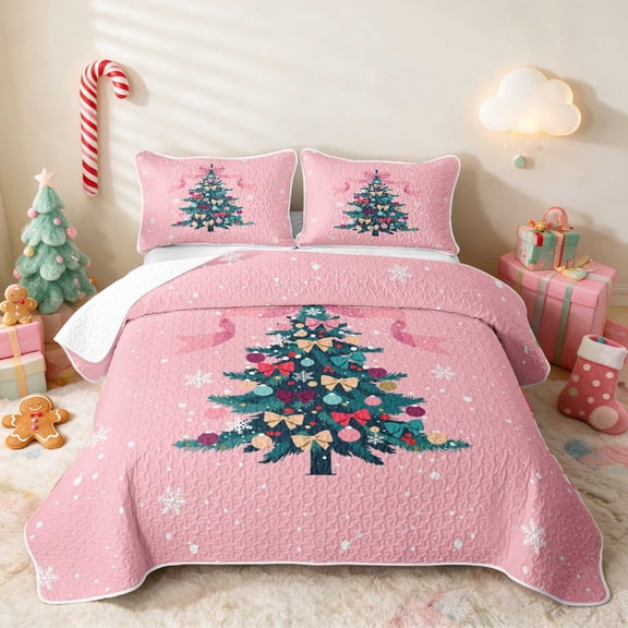 Manfei Christmas Tree Twin Quilt Set Green Twin Coverlet Set, Green White 2pcs 1 Bedspread and 1 Pillowcase