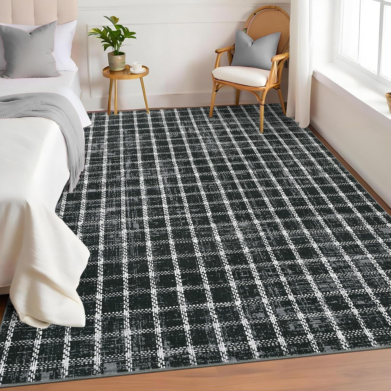 Twister.CK 3' x 5' Plaid Area Rugs, Modern Washable Stain-Resistant Carpet, Non Slip Indoor Rug for Living Room Dining Room Office, Black
