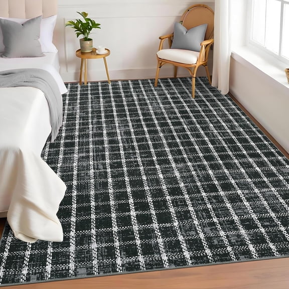 5x7 Checkered Area Rug for Living Room, Washable Low Pile Non Slip Indoor Rug, Stain Resistant Soft Floor Carpet for Bedroom, Dining Room, Entryway, Office,black