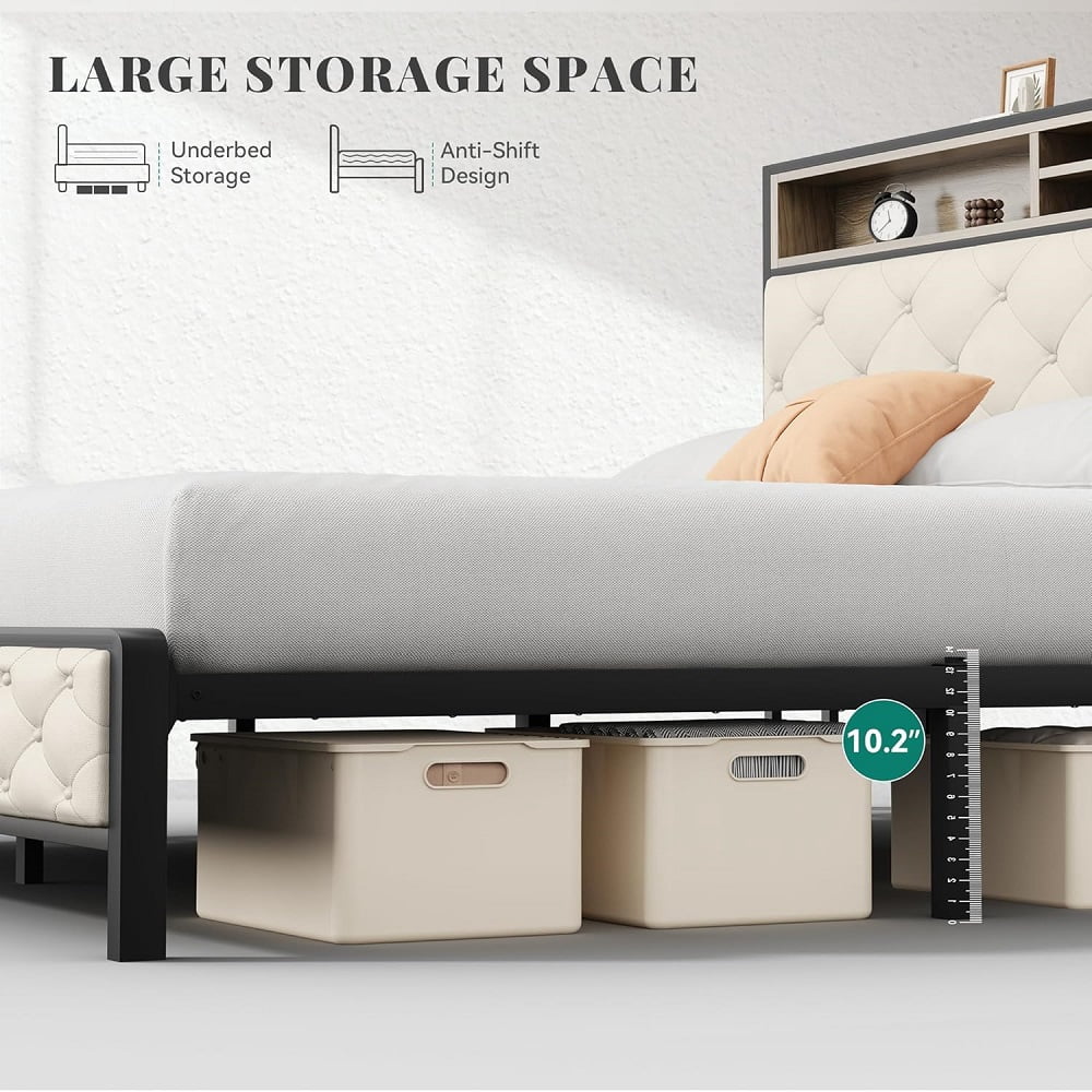 YDSM King Size Bed Frame, Platform Bed Frame with Charging Station, Upholstered Storage Headboard & Footboard Metal Slats Supports Mattress Foundation