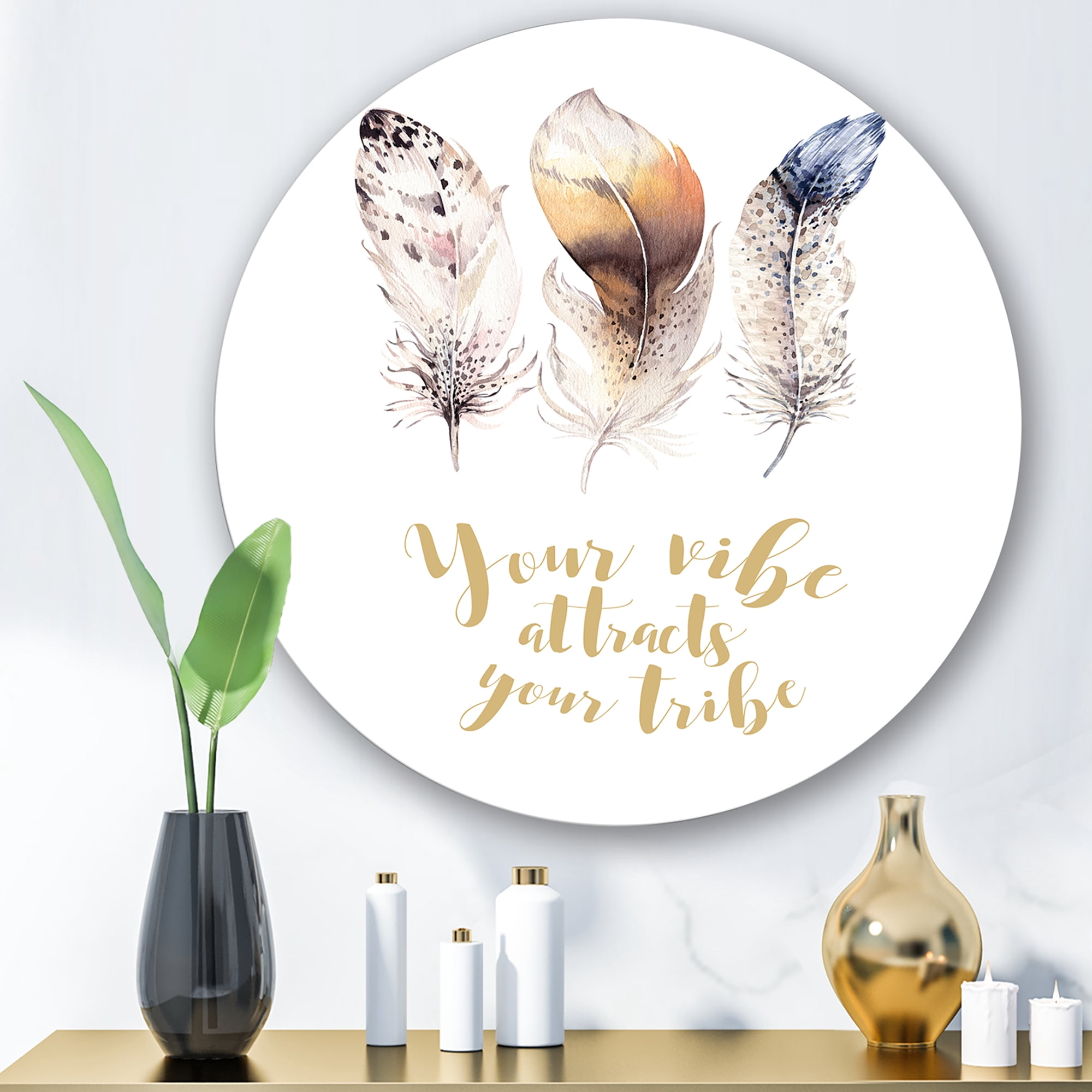 Designart 'Multicolored Ethnic Art Feathers With Inspiring Quote' Bohemian & Eclectic Circle Metal Wall Art 23x23 - Disc of 23