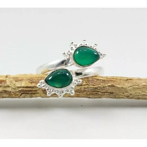 925 Sterling Silver Handmade Natural Pear Green Onyx Gemstone Adjustable Toe Ring