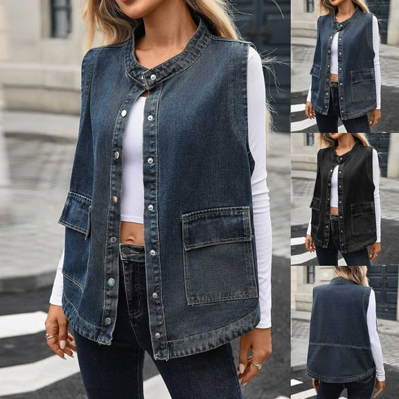 Aboser Denim Vest for Women Vintage Button Down Jackets Sleeveless Casual Cowgirls Jean Vests with Pockets Streetwear