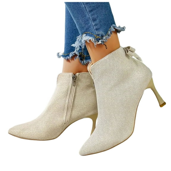 Womens High Heels Dress Boots for Ladies Bride Wedding Bow Fashion Pointed Toe Stiletto Pumps Dressy Short Ankle Booties Party Favor White