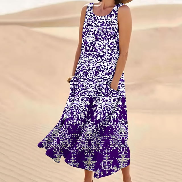 LOVZFMLL Robes Sans Manches pour Femmes et Col Rond en Lin Imprimé Longue Robe avec Poche