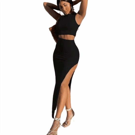 Women Fashion Sexy Round Neck Sleeveless Crop Top Split Skirt Two-Piece Set, Black - Medium