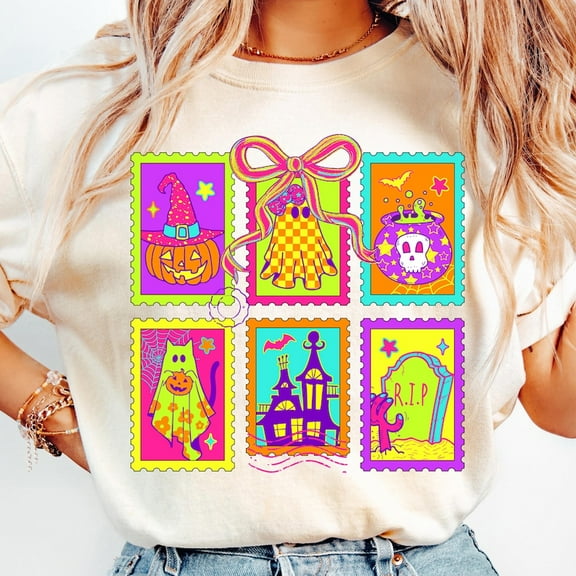 Neon Halloween Cat Ghost T-Shirt, Cute Coquette Spooky Tee, Preppy Checker Ghost & Pumpkin Shirt, Girly Halloween Stamp Graphic Tee for Women