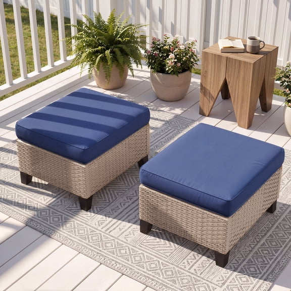 NestNook 2-Piece Outdoor Wicker Ottomans with Cushions, Patio Footrest Stools Set, All-Weather Rattan Patio Ottoman for Poolside, Garden, Balcony