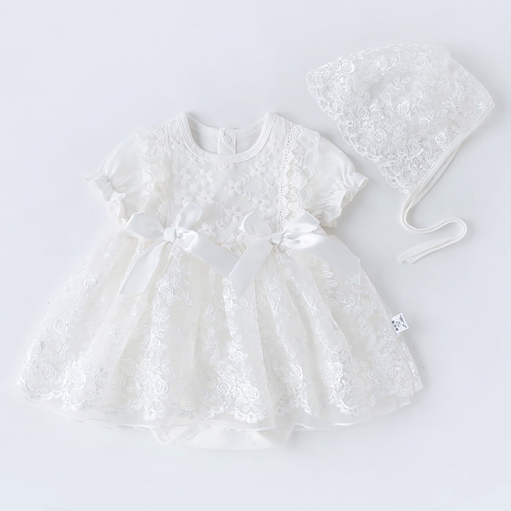 FYMNSI Toddler Girl Short Sleeve Summer Floral Tutu Dress Tulle Outfit Baby Baptism Christening Dresses with Hat 0-3 Months White