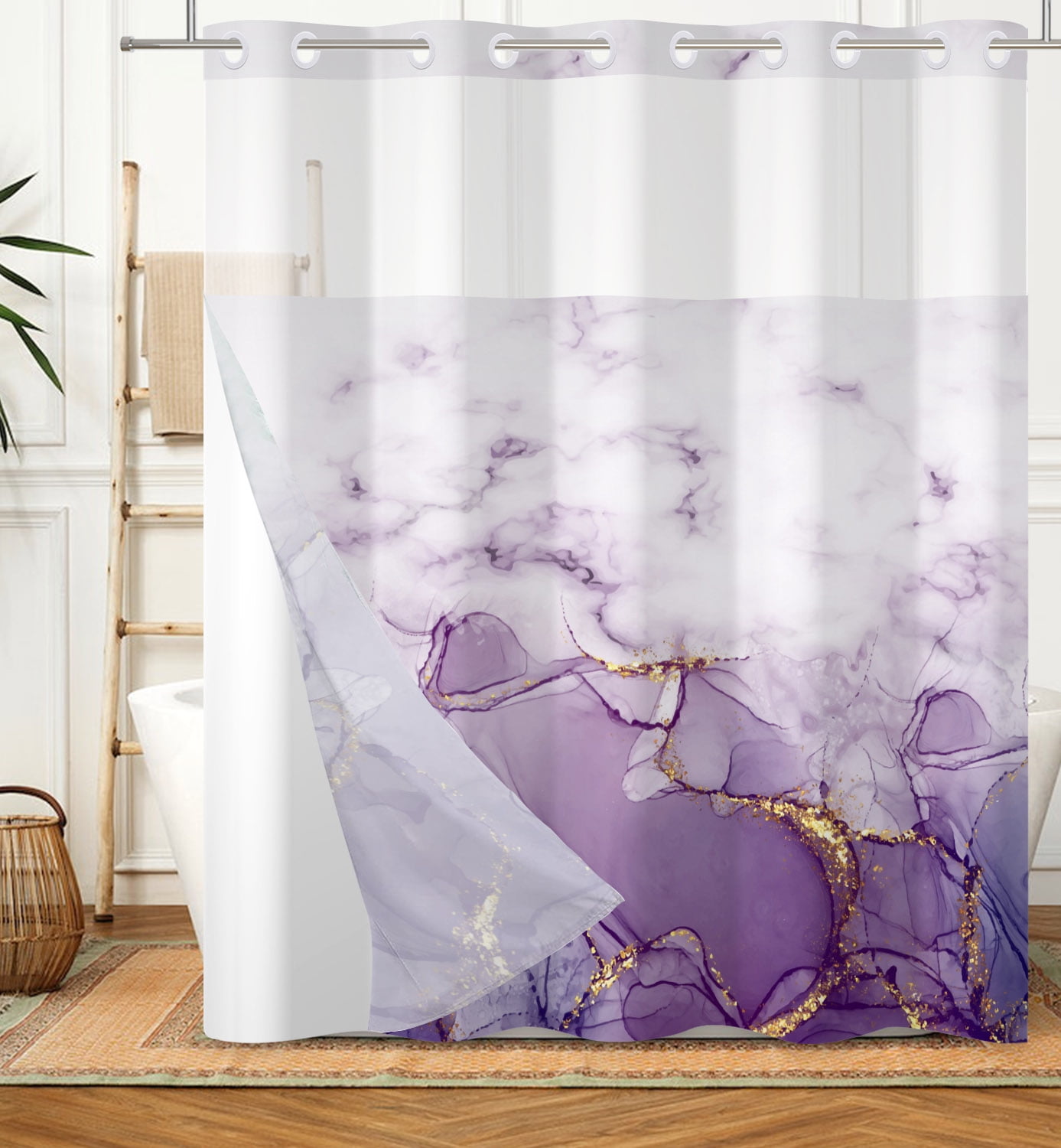 Mizhona Shower Curtain with Liner Purple Marble No Hook Shower Curtain for Bathroom ,71"x74"