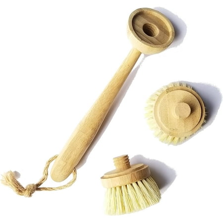 

Natural Cleaning Kitchen Scrub Brush for Dish Cast Iron Skillet Pots Pans - Made of 100% Bamboo Handle and Sisal Bristles - Replacement Brush Set