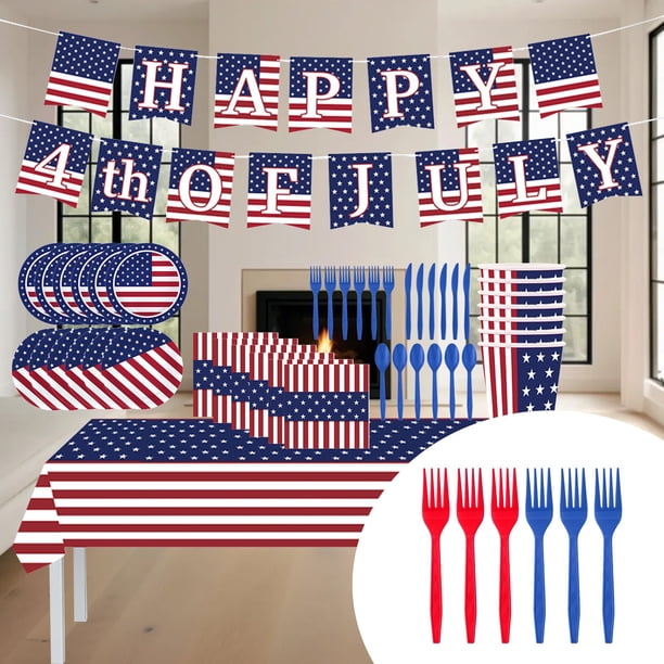 Set de Suministros para Fiesta Del Día de La Independencia con La Bandera de Ee. Uu. | Vasos, Platos, Cubiertos y Mantel Desechables | Vajilla Patriótica Multicolor para El 4 de Julio, Día Del Trabaj