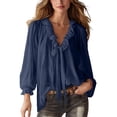 thumbnail image 2 of YVNAURA Womens V Neck Pleated Blouse Bell Sleeve Top For Women Long Sleeve Button Down Collared Shirt Office Work Business Casual Blouse Spring Fall, Navy,S, 2 of 5