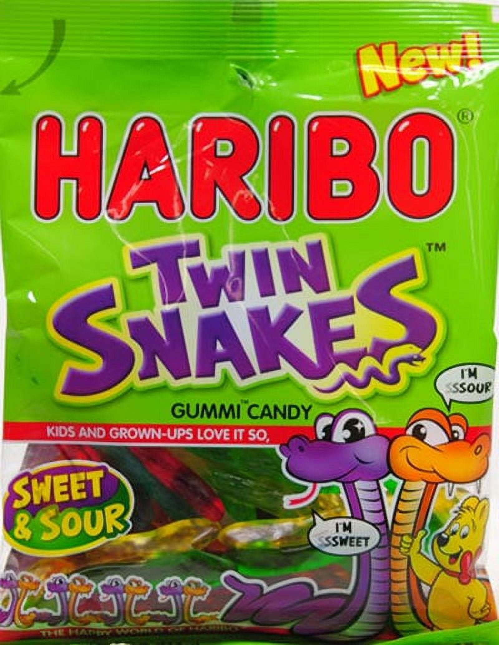 (5 pack) HARIBO Twin Snakes Gummies Original Assorted Fruit Flavor Gummy Candy +25% Bonus, 5oz, Share Size Peg Bag