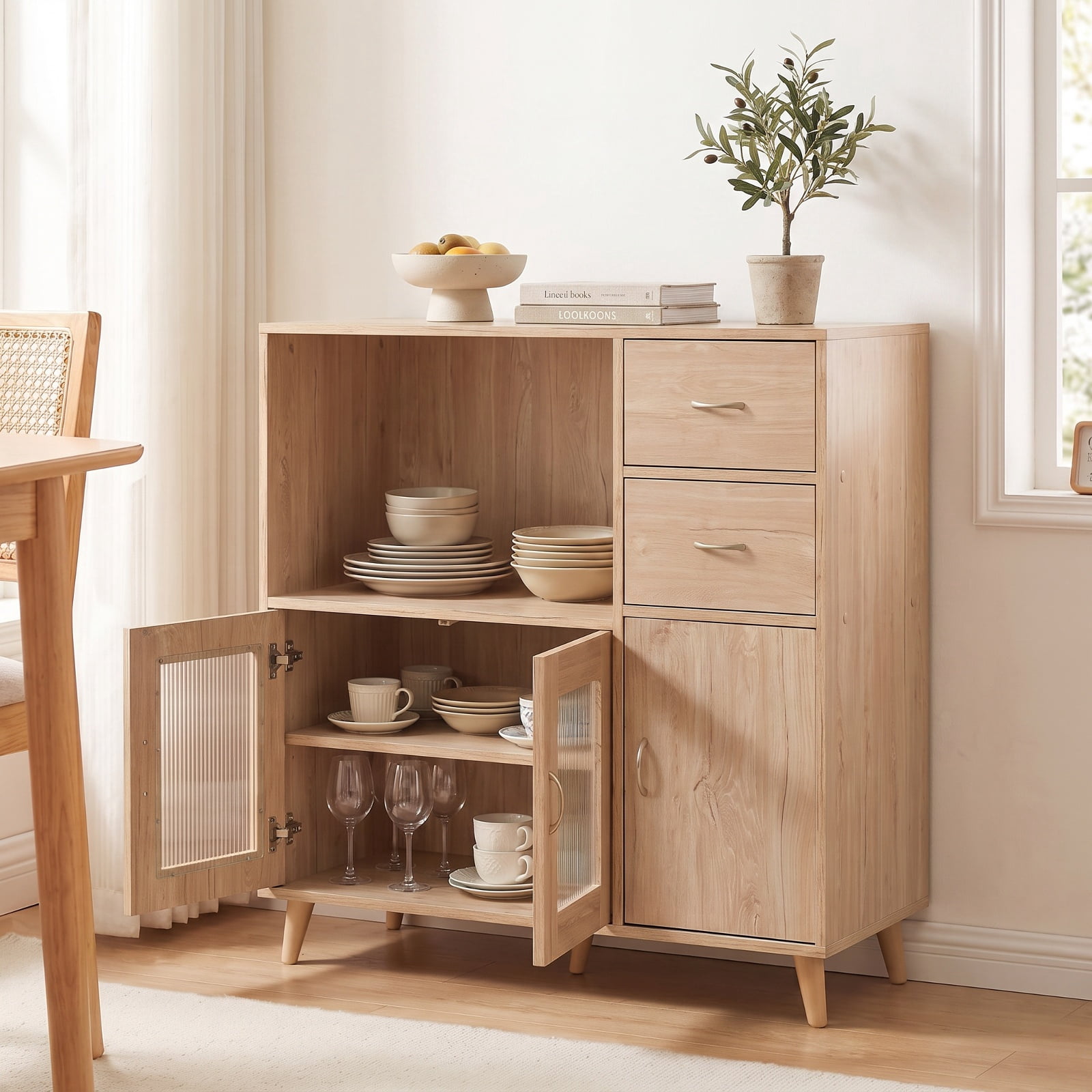 Furnibear 36 Inch Sideboard Buffet Cabinet with Open Compartment for Kitchen Dining Living Room Buffet Storage Server, Natural