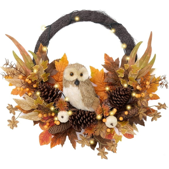 Collapsible Fall Wreaths for Front Door Outside, 24'' Fall Door Wreath with Light Cute Owl for Harvest Decor, Autumn Maple Leaves Decorations for Home Porch Halloween Thanksgiving Decor