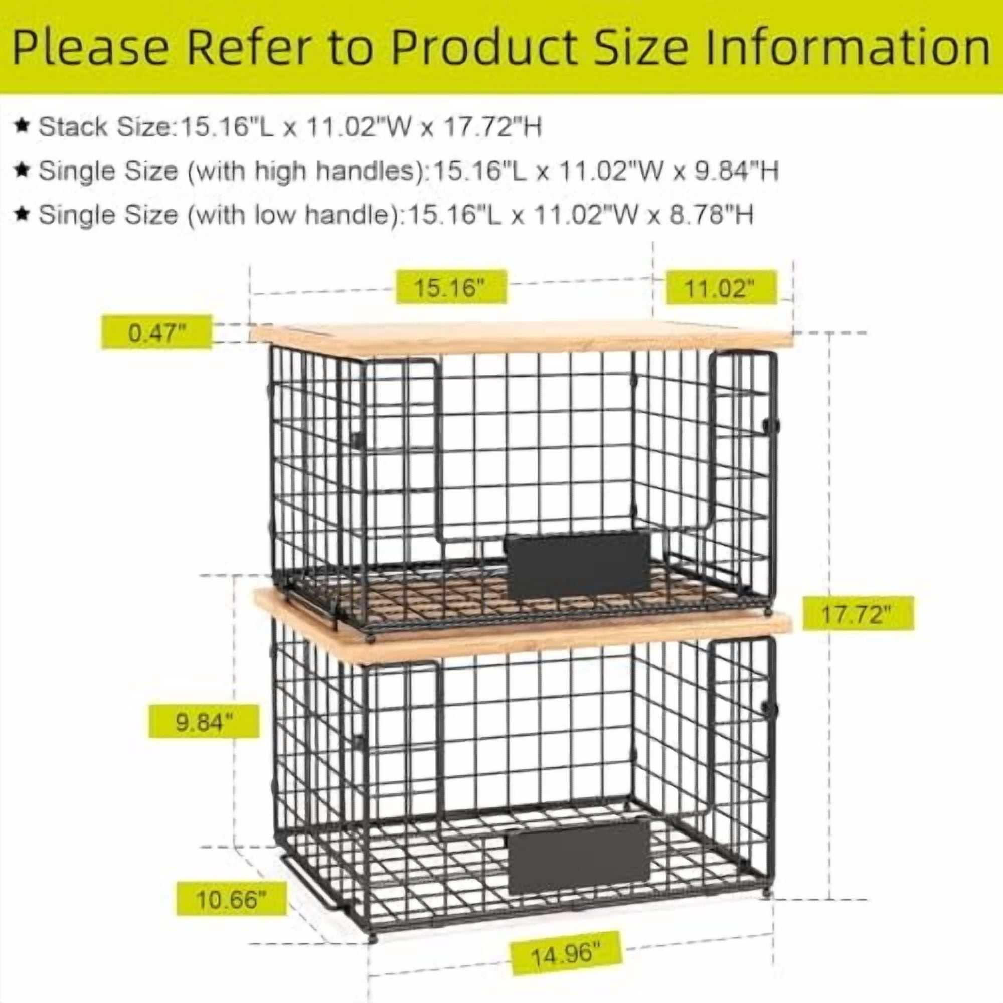 2 Pack Stackable Wire Baskets with Bamboo Top for Pantry Organizers and Storage, XXL Kitchen Organization Counter Basket for Fruit, Vegetable, Produce, Bread, Potato and Onion Storage Bins