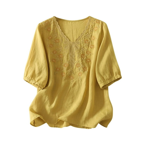 Vestidos Casuales Para Mujer, Blusas De Mujer De Moda Blusa de moda para mujer con cuello en V, manga corta y botones bordados de lino sintético