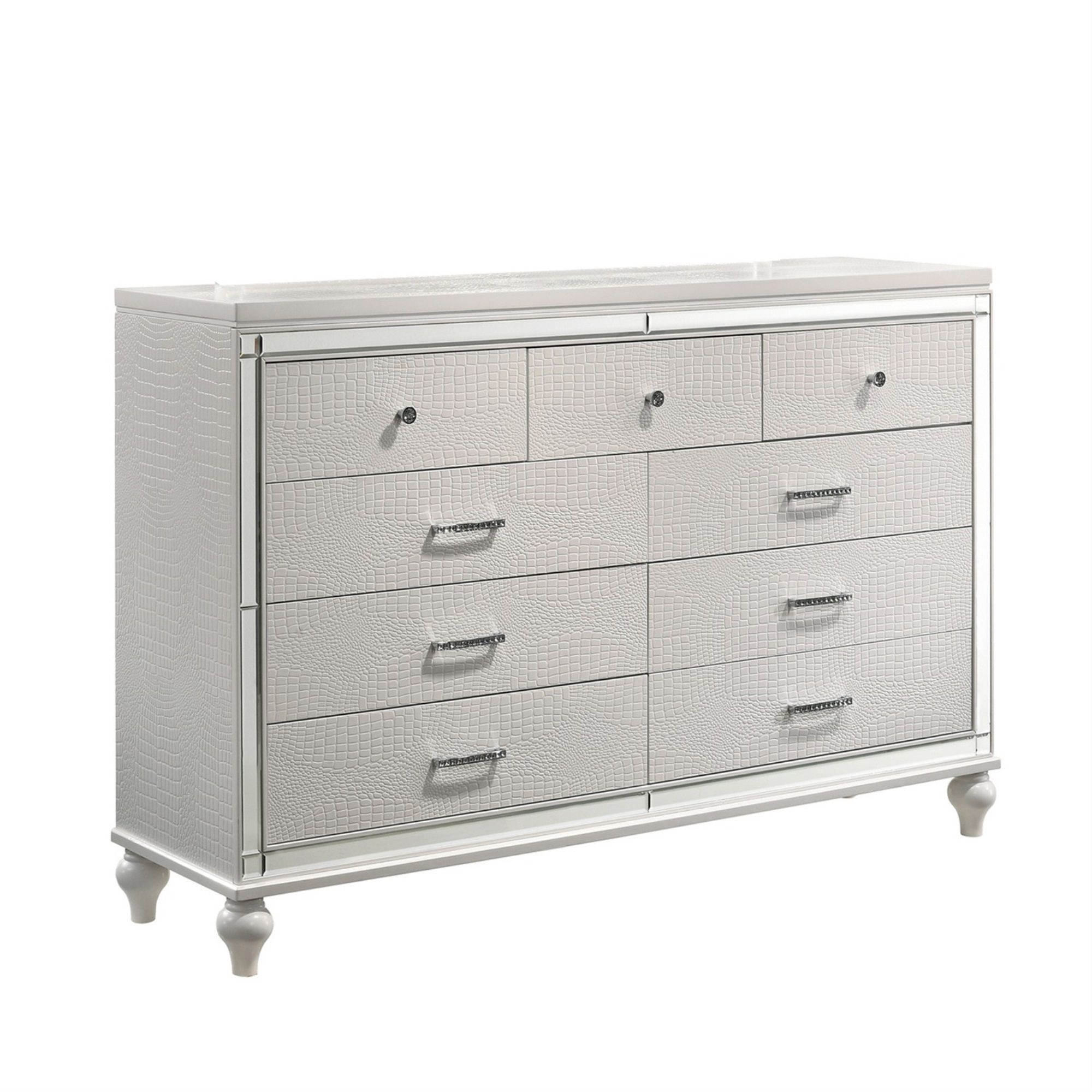 9 Drawer Wooden Dresser with Embossed Texture and Mirror Accents, White