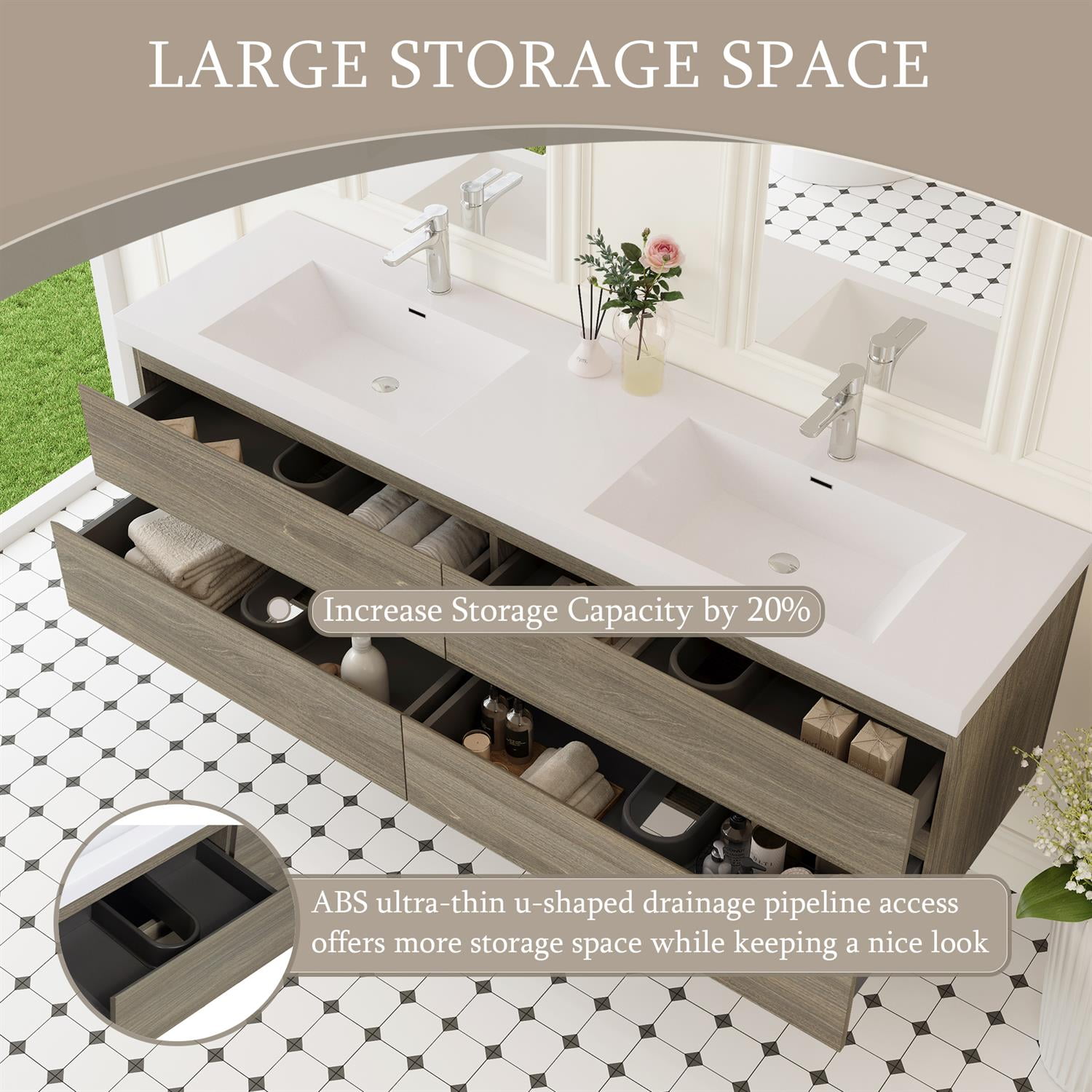 Demi Bonn 72" Floating Bathroom Vanity with Sink, Double Resin Top Basin and 4 Soft Close Drawers, Faucets and Drains Not Included, Gray