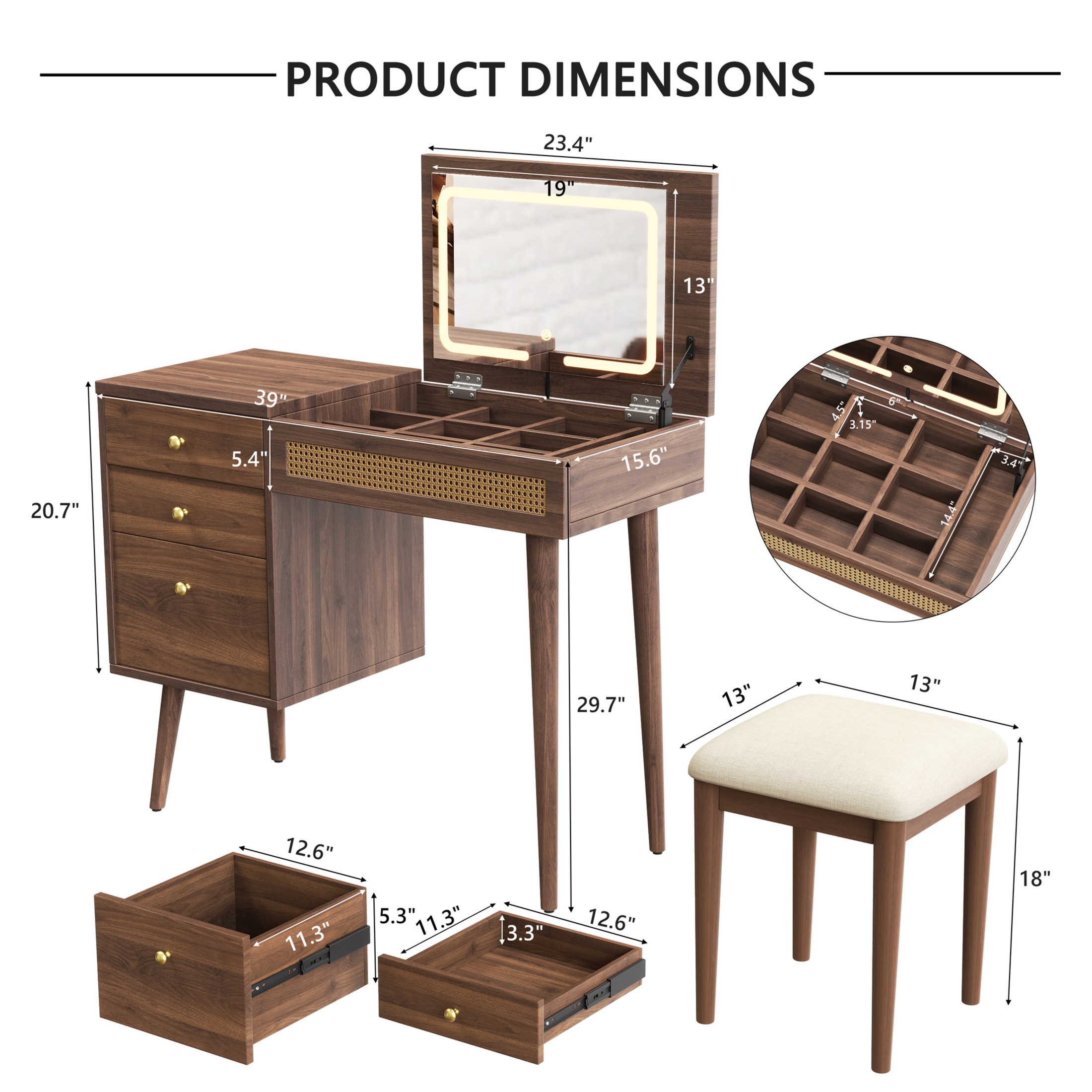 Noble House 39"  Vanity Desk with LED Lighted Mirror, Flip-Top Design, 3 Drawers and 10 Compartments,Walnut