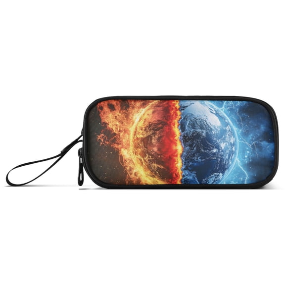 Earth with Flame Water Power Pencil Case Stationary Holder Pen Bag Pencil Pouch Tool Organizer 3 Compartments