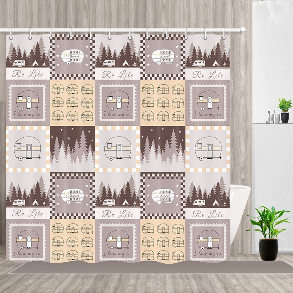 RV Camping Shower Curtain Motorhome Camper Stars RV Live Fabric Set