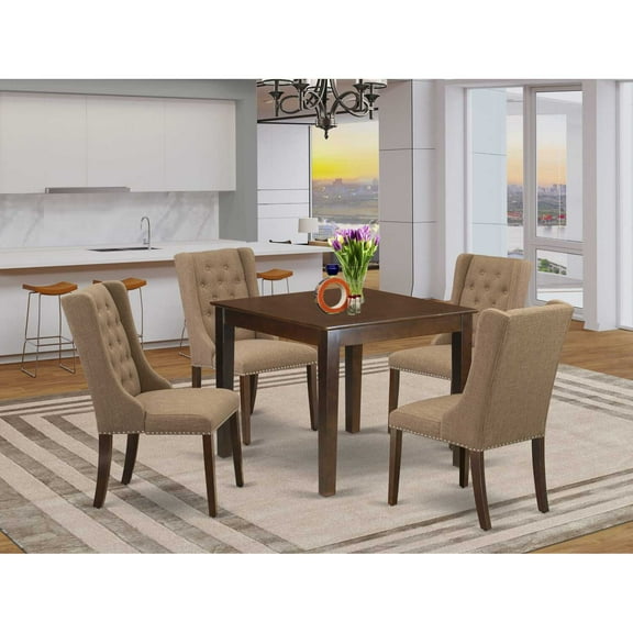East West Furniture OXFO5-MAH-47 5-Pc Dining Room Table Set Includes 1 Dining Table with Square Table top and 4 Light Sable Linen Fabric Kitchen Chairs Button Tufted Back - Mahogany Finish