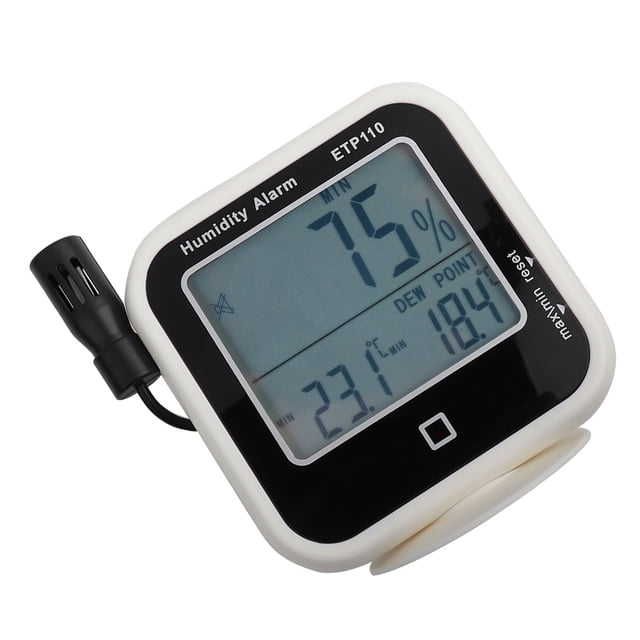 ETP110 Termohigrómetro Digital, Pantalla LCD Grande, Alarma LED para Hogar, Laboratorio, Más Alto, Almacén, Montaje en Pared Ocritorio, Almacenamiento de datos, Conversión