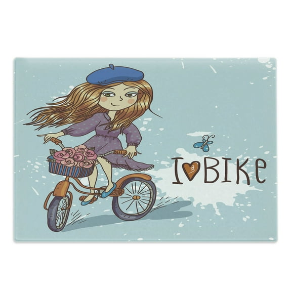 Retro Cutting Board, Cartoon Girl Image with French Hat and a Bike with Flowers Image, Decorative Tempered Glass Cutting and Serving Board, Large Size, Purple Grey and White, by Ambesonne