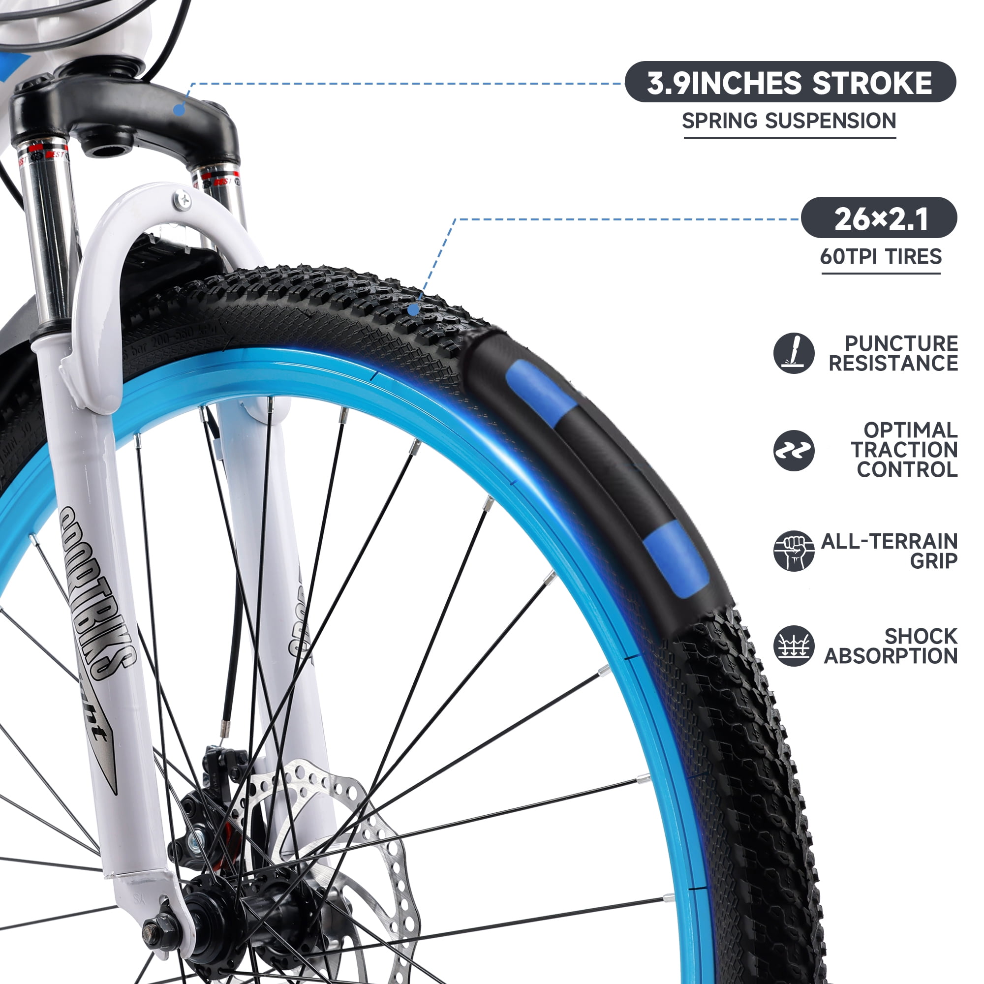 26" Mountain Bike for Men/Women, 24 Speed Shimano Twist Shifting, Front Suspension, Comfort Saddle Red/White/Blue/Green