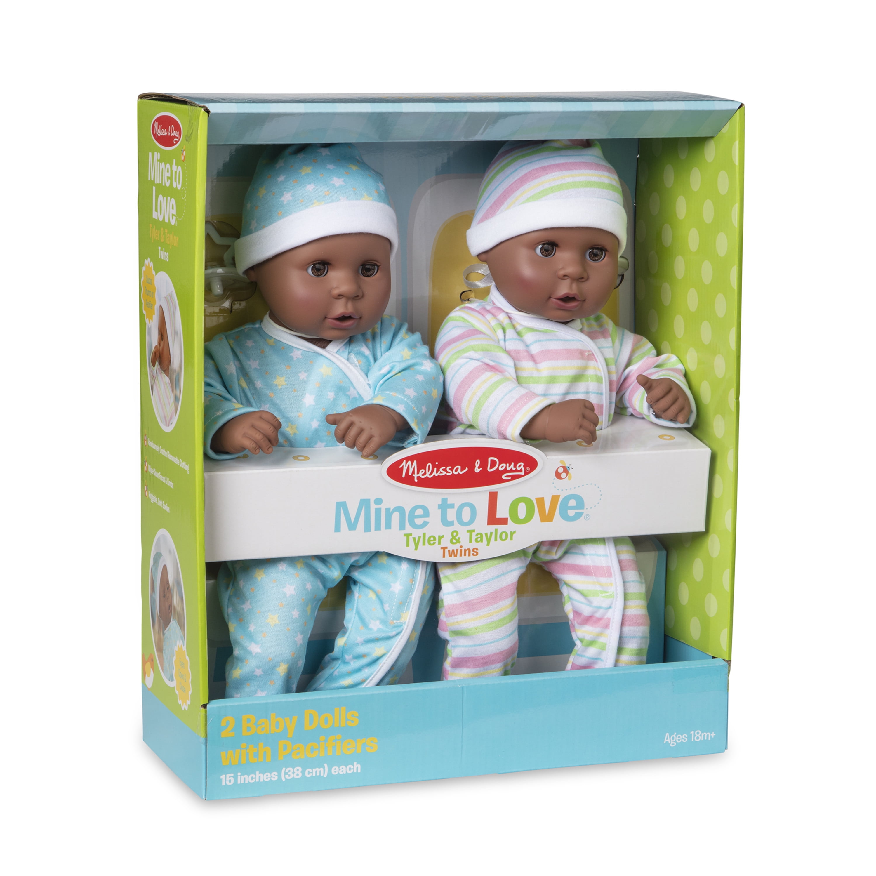 Melissa Doug Mine to Love Twins Tyler Taylor 15 Dark Skin Tone Boy and Girl Baby Dolls with Rompers Caps Pacifiers Walmart