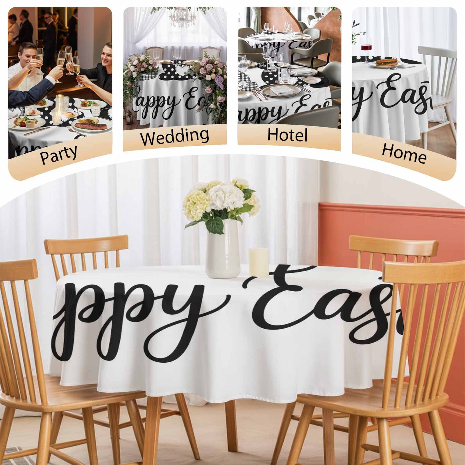 Round Tablecloth Happy Easter Waterproof Oil Proof Polyester Table Cloth Cover Decor for Home Dining Outdoor,Patio,Parties, 54" Dia. Easter Bunny Tails Black White