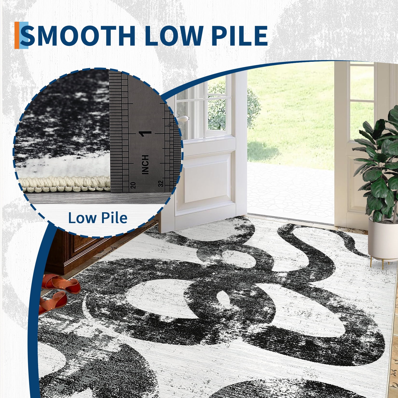 Hasoo 8' x 10' Modern Washable Indoor Rug for Dining Room Soft Abstract Geometric Line Area Rug Non Slip Stain Resistant Black White Carpet
