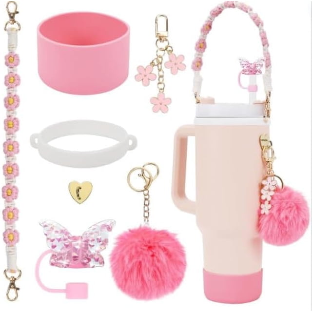 Juego de Accesorios para Botellas de Agua Stanley Cup de 40 oz y 30 oz, Incluye Correa para el asa, Bota de Silicona, Tapa para la Pajita y Colgantes para Llavero