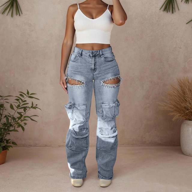 WILLBEST Jeans Mujer Pantalones Vaqueros Cargo Con Diamantes de Imitación para Mujer, Cintura Alta, Holgados, Sexys, Brillantes, Con Cortes, Rotos, Desgastados, Elásticos, Con Bolsillos Extra Grande