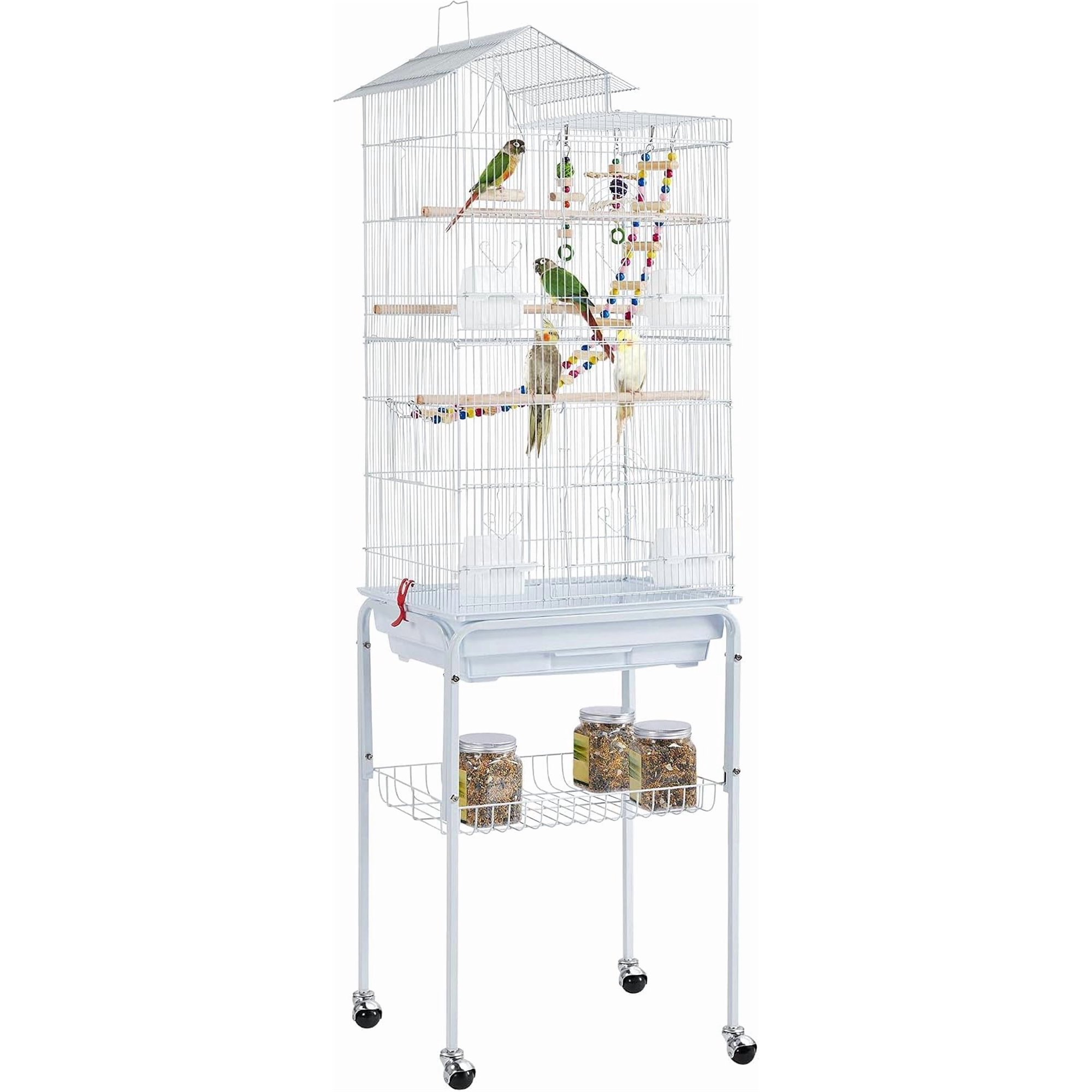 62.5-inch Roof Top Flight Bird Cage for Parakeets Cockatiels Conures Finches Lovebirds Canaries Budgies Small Parrots, Large Birdcage with Detachable Rolling Stand, White