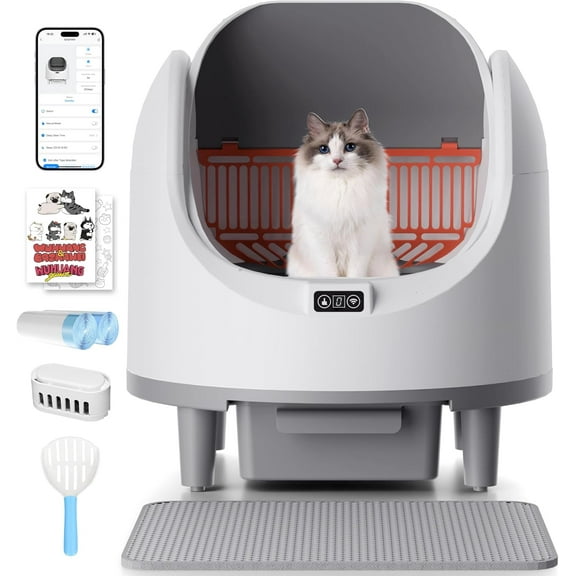 Bahsaw Self Cleaning Litter Box, Automatic Cat Litter Box for Multiple Cats, App Control with Safety Sensors, Open Top, Includes Scent Cartridge & Trash Bags