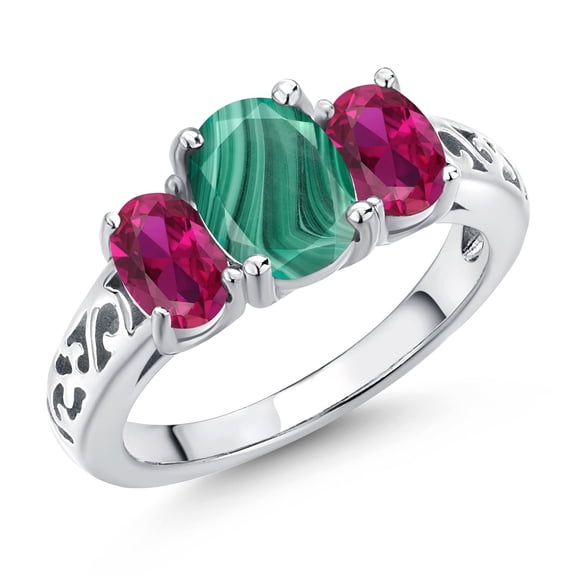 Gem Stone King 925 Sterling Silver Green Malachite and Red Created Ruby Filigree Style 3 Stone Ring for Women (3.00 Cttw, Oval 8X6MM and 6X4MM) (Size 8)