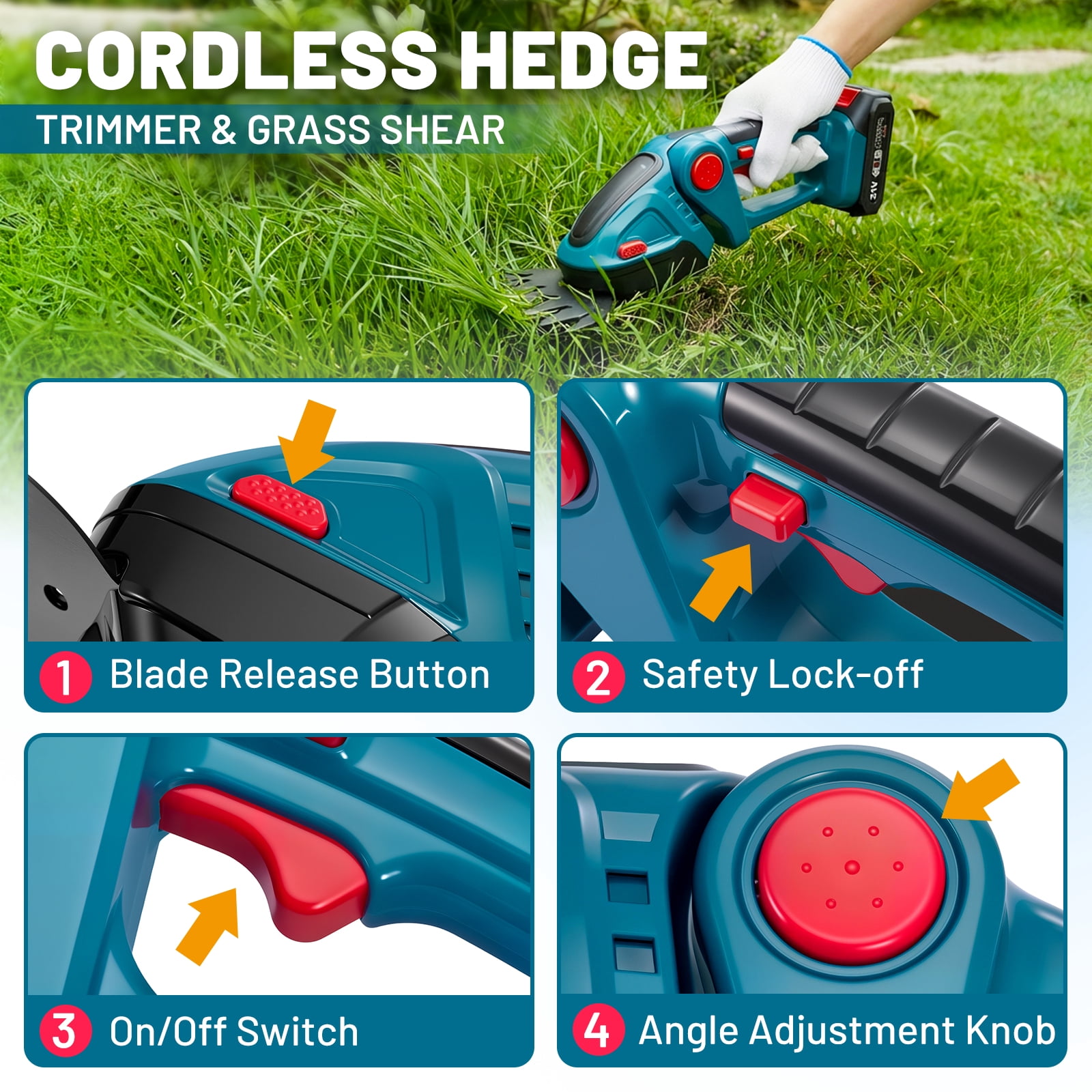 SPBTAR Cordless Hedge Trimmer, 2 in 1 Cordless Grass Shear & Shrubbery Trimmer, Lightweight Garden Tools with 2 Rechargeable Batteries & Charger for Hedge Cutting, Garden, Yards, Lawns