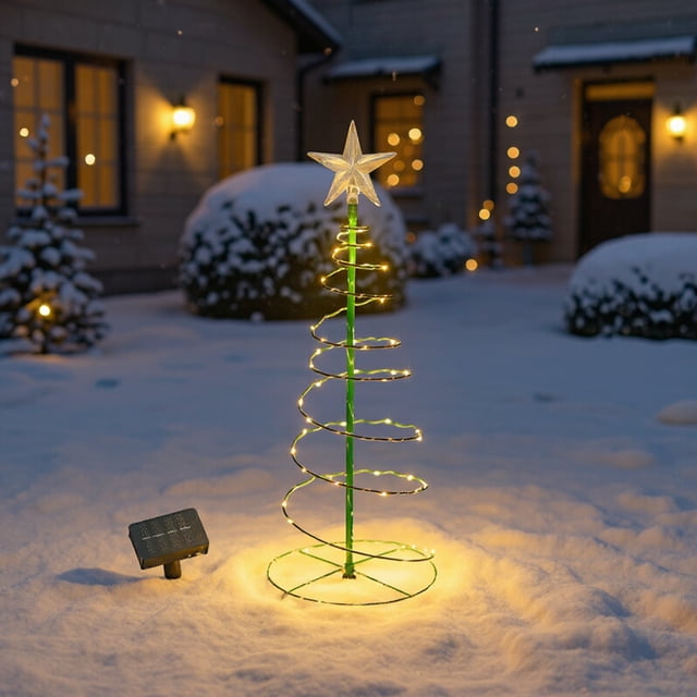Bwiyojiz Home Decor Christmas Decorations LED Solar Lights Tree in green, featuring a spiral design with warm-colored LED lights and a star topper. This outdoor decoration includes 8 lighting modes and a solar panel for automatic charging. Made of durable iron, it is IP55 waterproof, suitable for gardens, patios, and snowy weather. Dimensions: 70x20cm (27.56x7.87in).