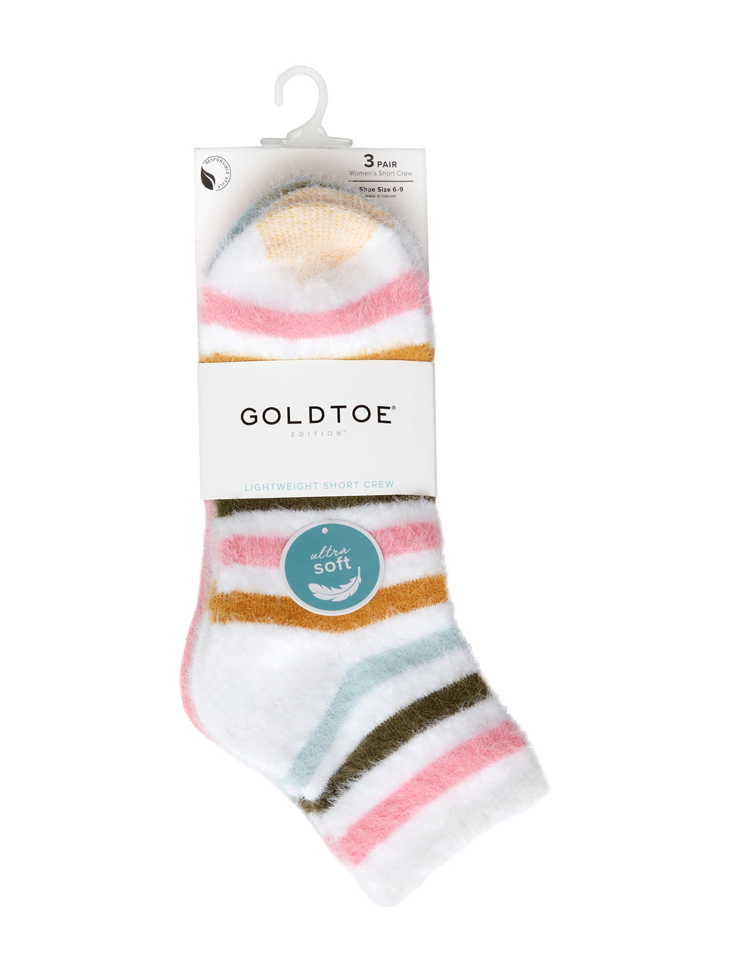 GoldToe Edition Women's Fuzzy Stripe Short Crew Socks Assorted, 3 Pairs, Size 6-9