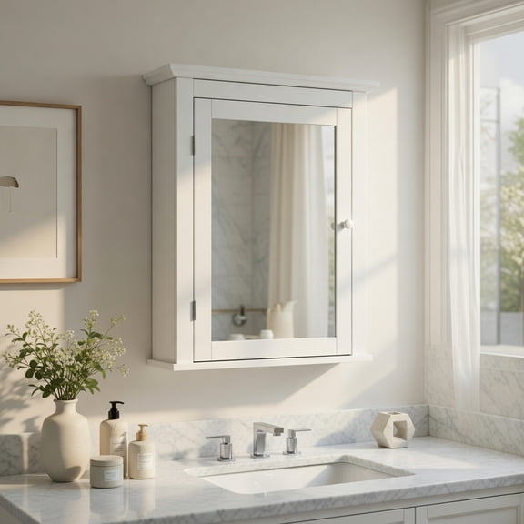 Resenkos Bathroom Mirror Cabinet Wall Mounted Adjustable Shelf Medicine Storage-White, Wall Cabinet for Bathroom Laundry Room Kitchen